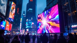 A photograph of a vibrant led display in a bustling urban setting