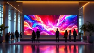 A photograph of a vibrant led display in a modern lobby setting