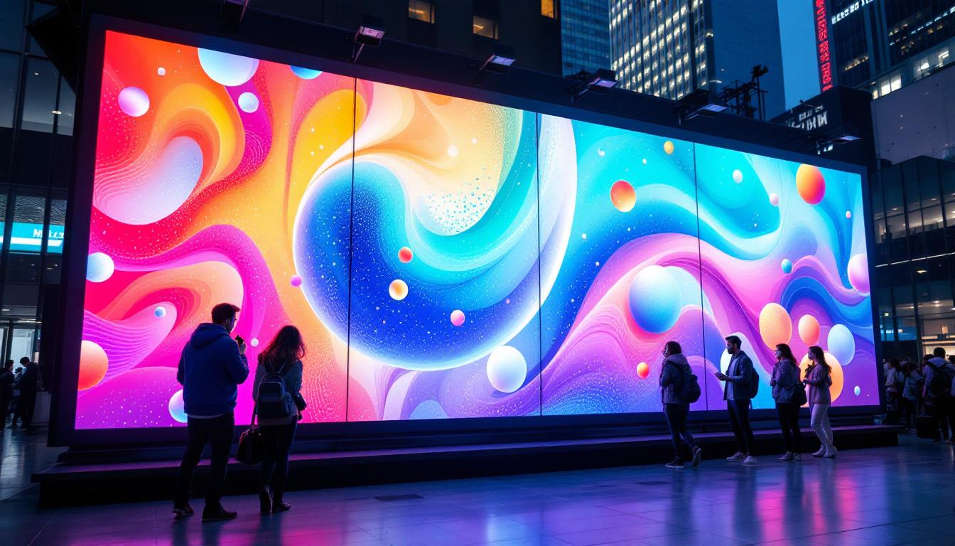 A photograph of a double-sided led display in an urban setting