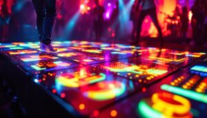 A photograph of a vibrant and engaging floor led display in action