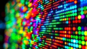 A photograph of a close-up of a vibrant led display showcasing dynamic colors and patterns