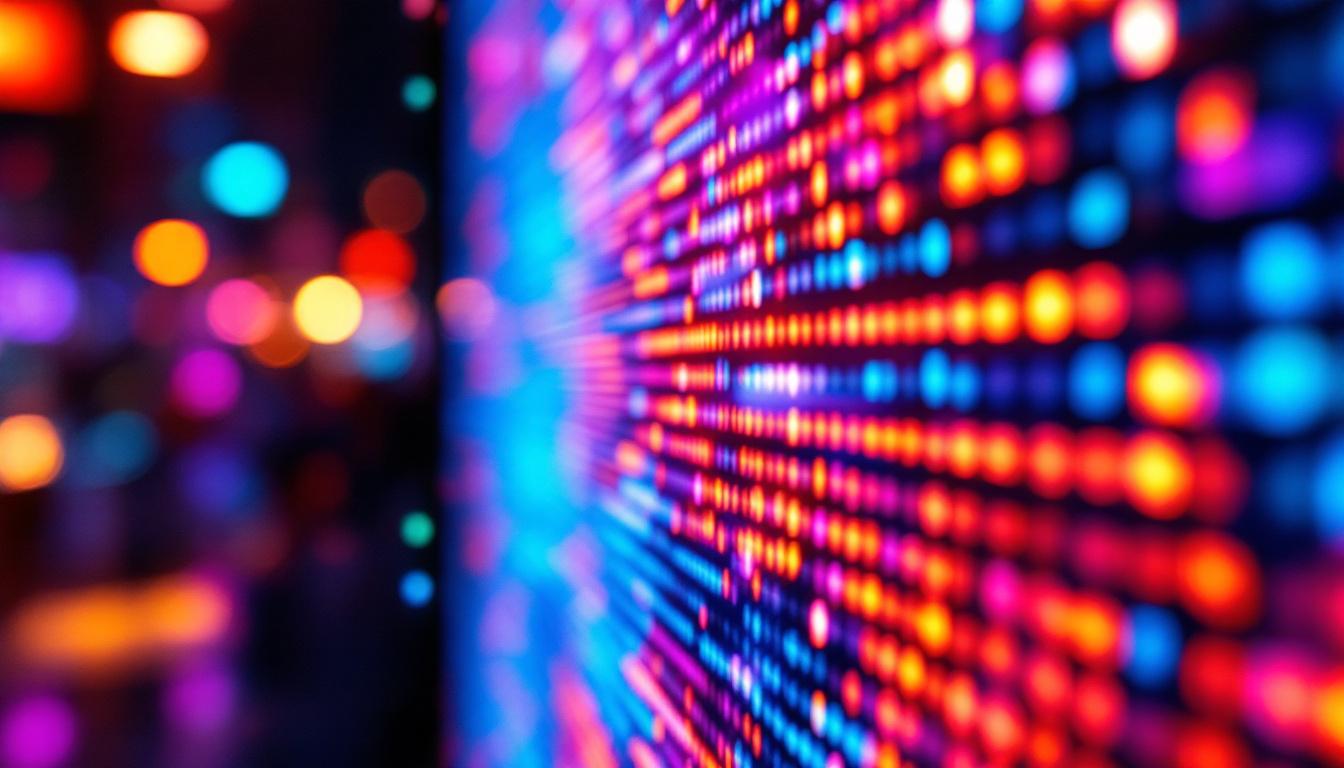 A photograph of a close-up view of a vibrant led display showcasing a vivid image or graphic