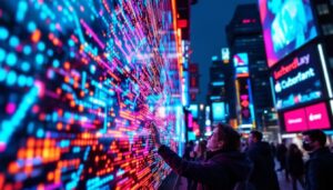 A photograph of a vibrant led display in a bustling urban setting