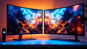 A photograph of a side-by-side comparison of an lcd and an led display