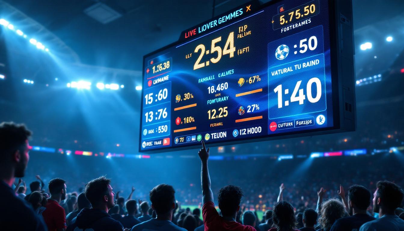 A photograph of a vibrant led digital scoreboard displaying live football game statistics and scores
