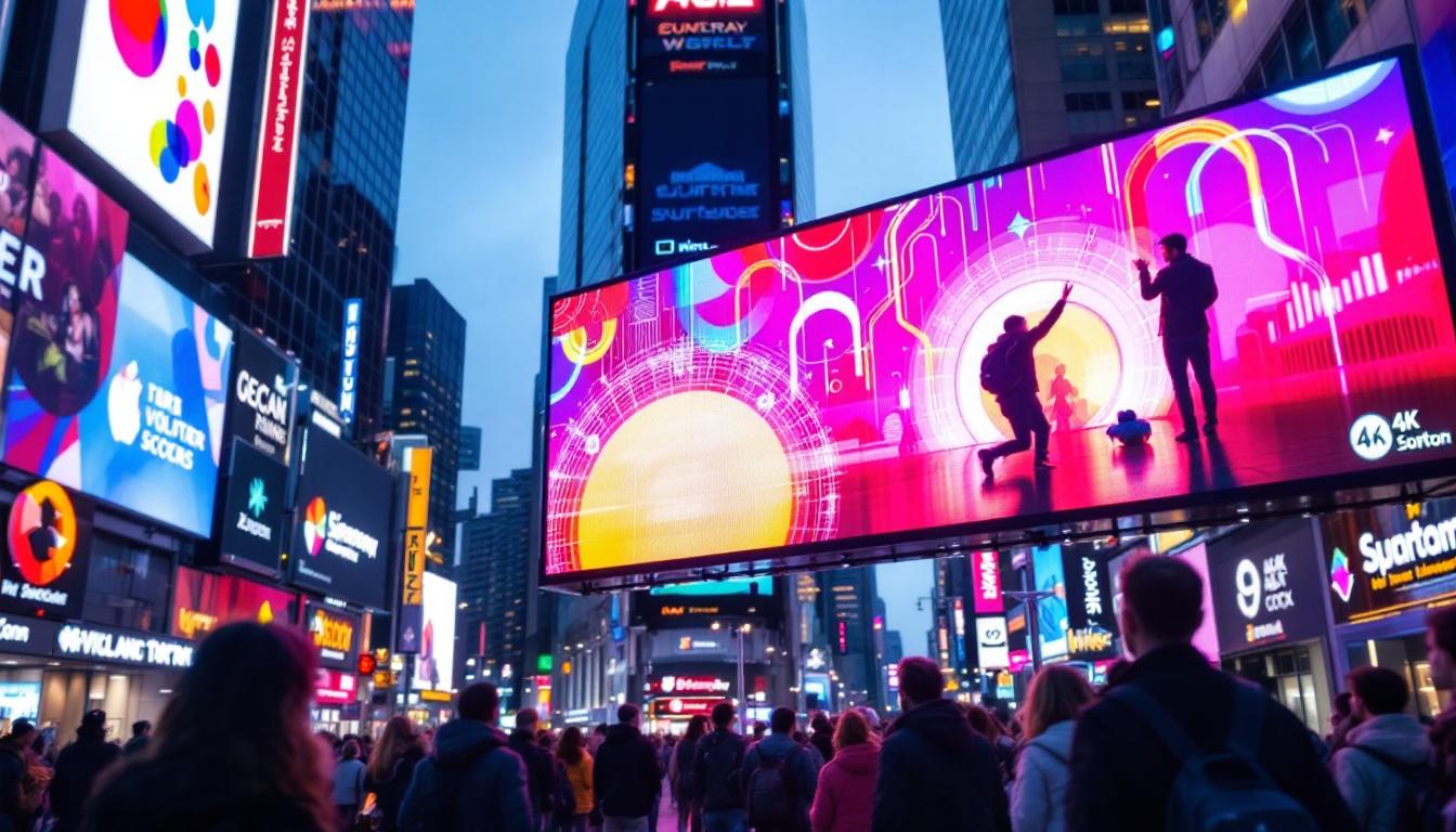 A photograph of a vibrant led banner in a bustling urban setting