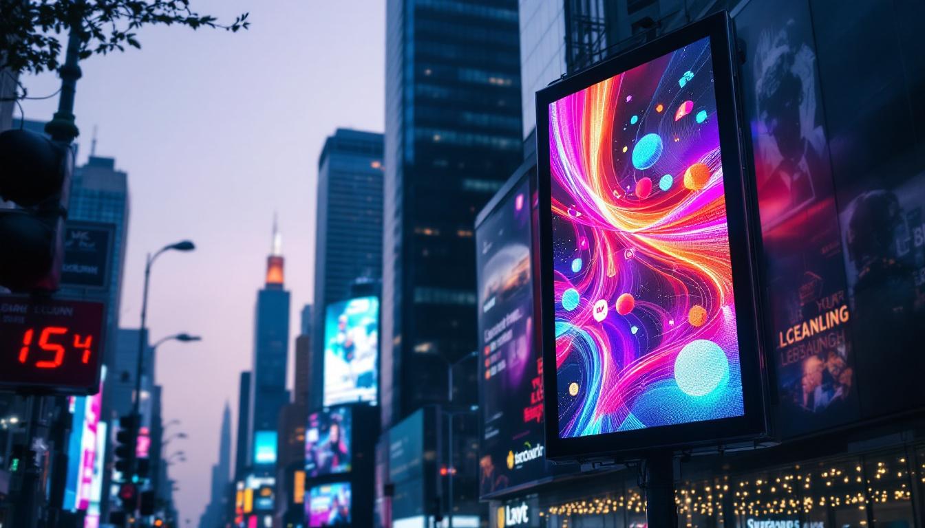 A photograph of a vibrant electronic billboard displaying dynamic advertisements in an urban setting