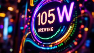 A photograph of a vibrant led display showcasing the intricate details of the 105 w brewing logo