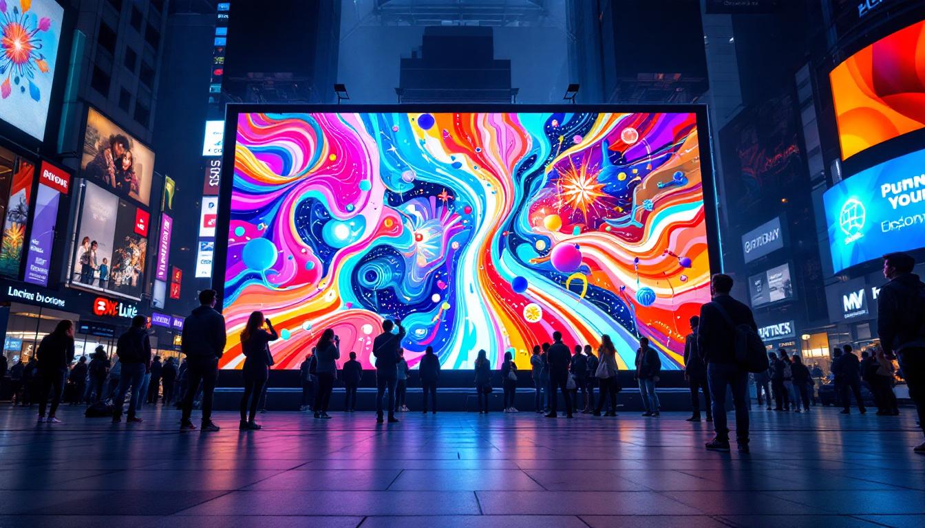 A photograph of a vibrant led display in a bustling urban setting