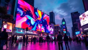 A photograph of a vibrant led display in a bustling urban setting