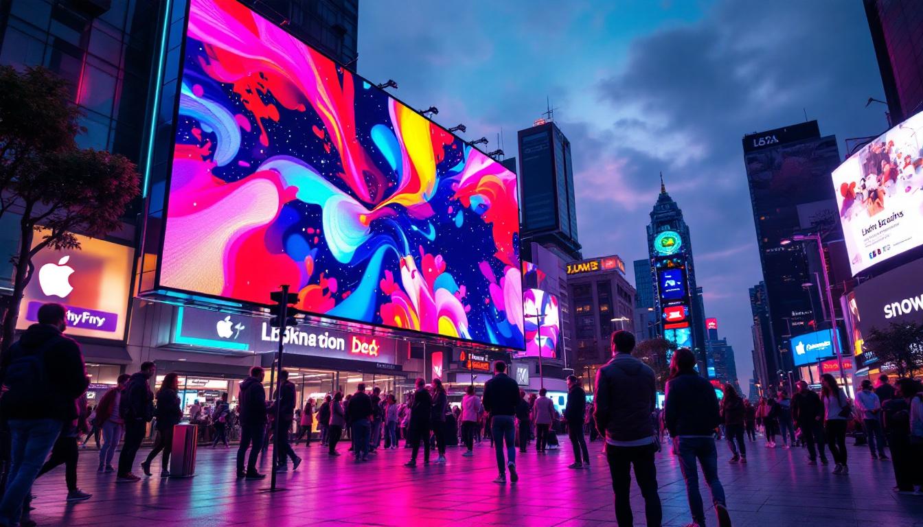 A photograph of a vibrant led display in a bustling urban setting