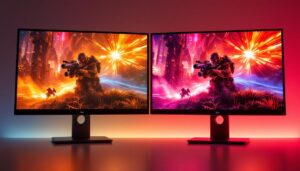 A photograph of capture a photograph of a side-by-side comparison of an lcd monitor and an led monitor displaying vibrant gaming graphics