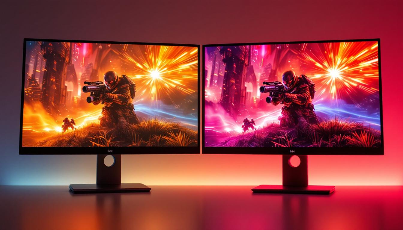 A photograph of capture a photograph of a side-by-side comparison of an lcd monitor and an led monitor displaying vibrant gaming graphics
