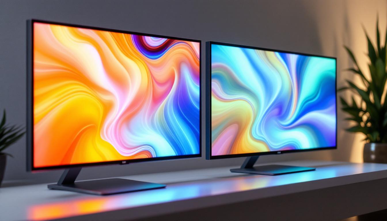 A photograph of a side-by-side comparison of a vibrant led display and a traditional lcd screen