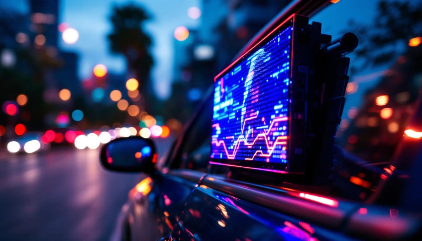 A photograph of capture a photograph of a vibrant led panel displaying dynamic graphics or messages mounted on a car window