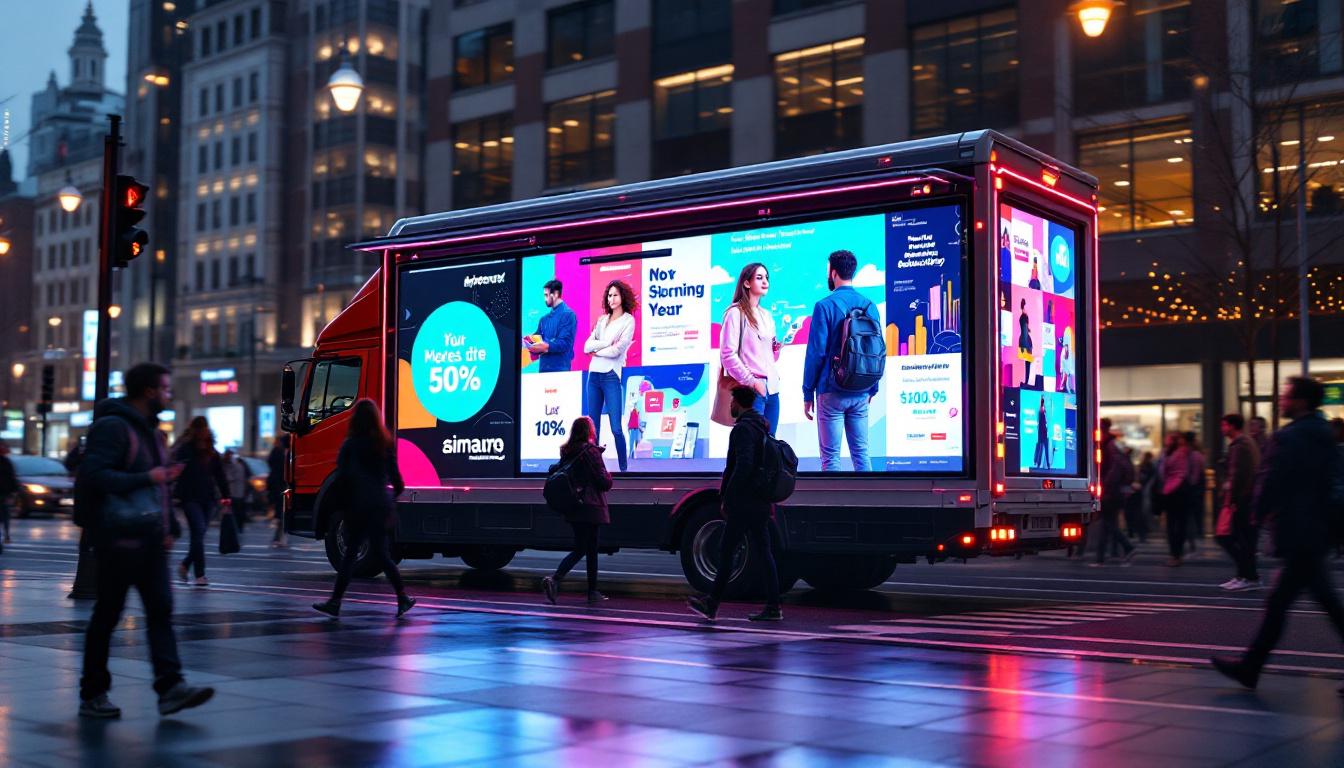 A photograph of capture a photograph of a vibrant mobile advertising truck with a large led display in an urban setting