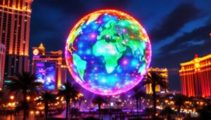 A photograph of the vibrant led display of the las vegas ball at night
