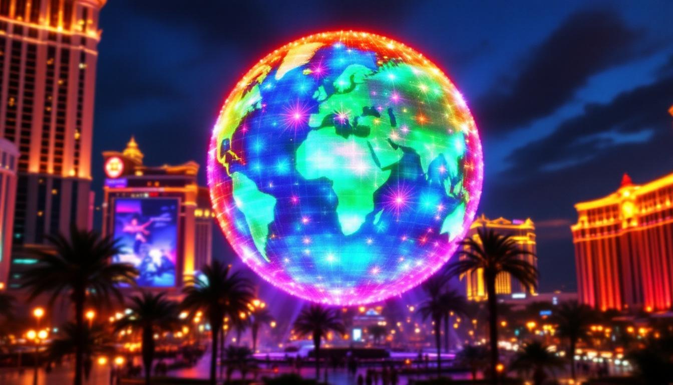 A photograph of the vibrant led display of the las vegas ball at night