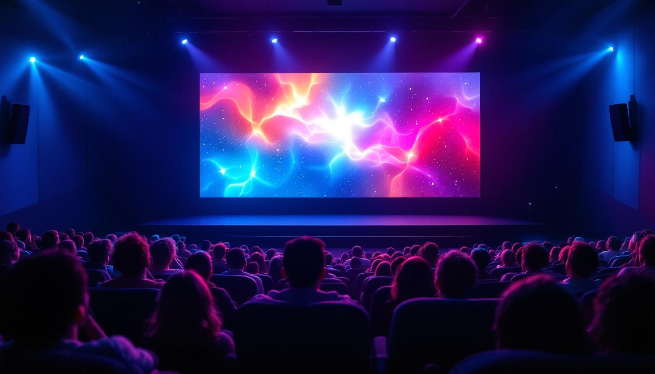 A photograph of a vibrant cinema scene showcasing a large led display screen illuminating an audience
