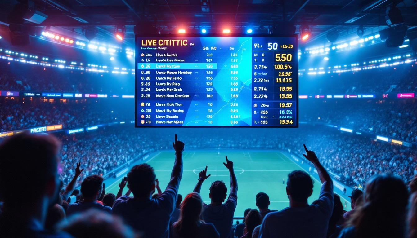 A photograph of a vibrant led sports ticker display in action at a bustling sports venue