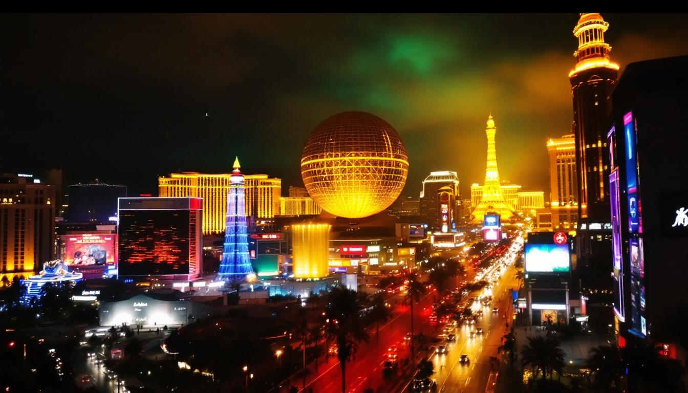 A photograph of capture a photograph of the las vegas giant ball illuminated at night