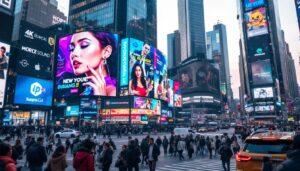 A photograph of a vibrant outdoor led display showcasing dynamic advertisements in a bustling urban environment