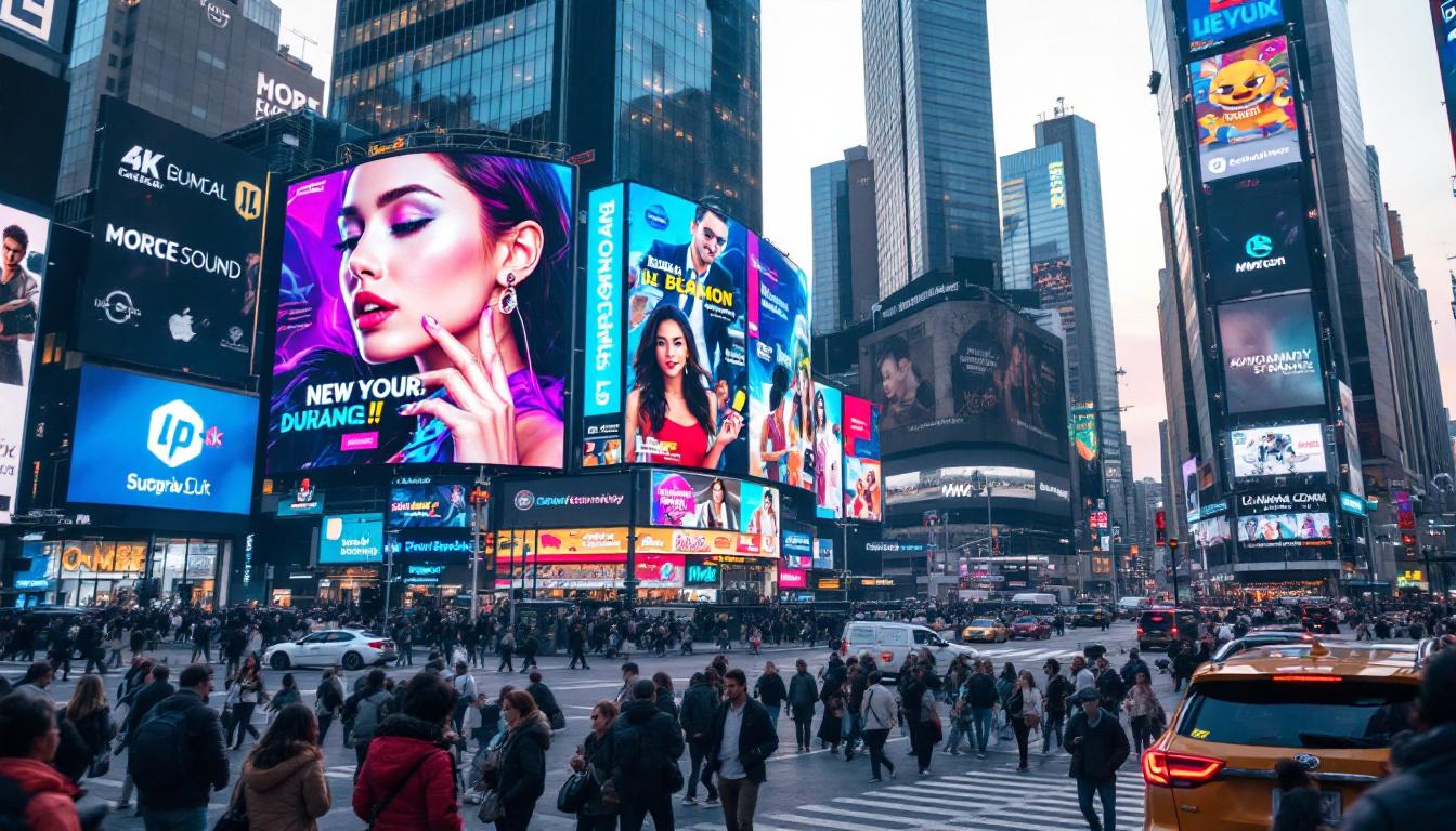 A photograph of a vibrant outdoor led display showcasing dynamic advertisements in a bustling urban environment