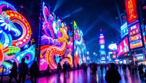 A photograph of a vibrant led display in a dynamic urban setting