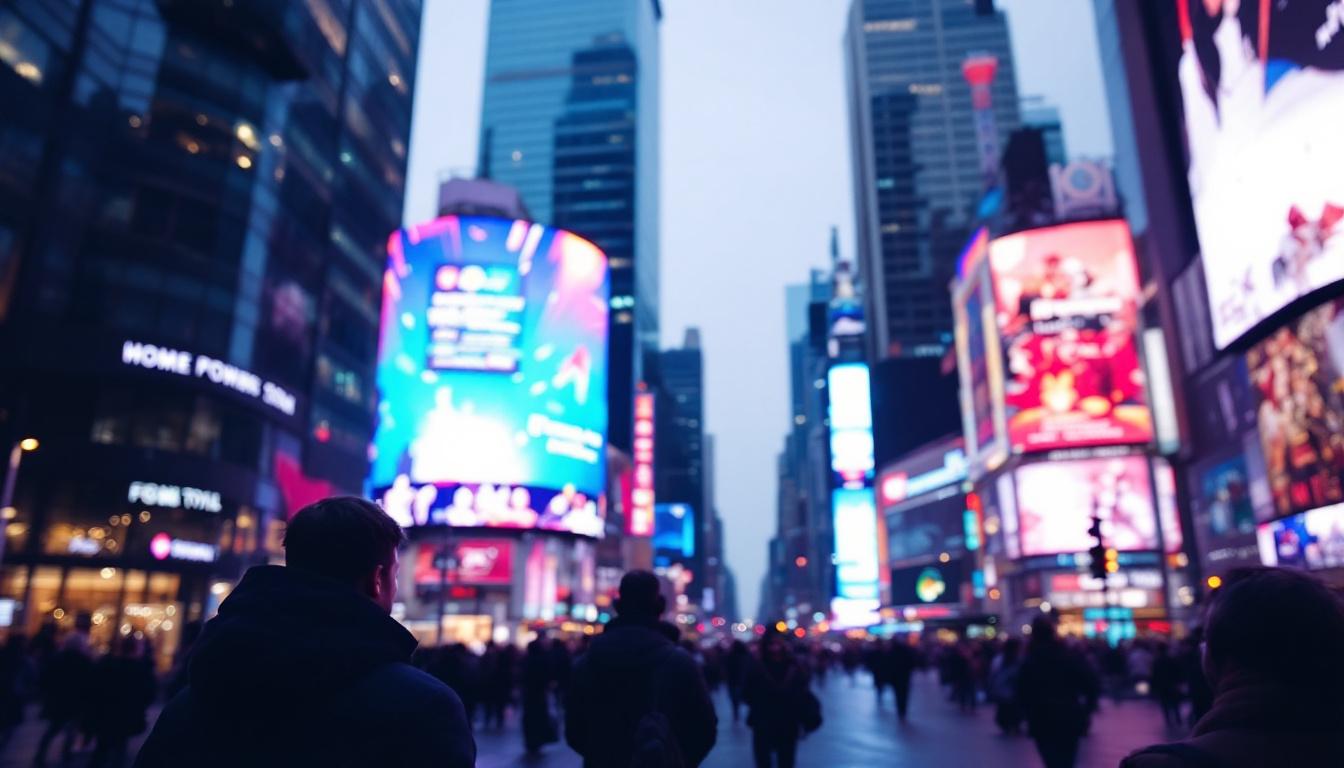 A photograph of a vibrant led display in a bustling urban environment