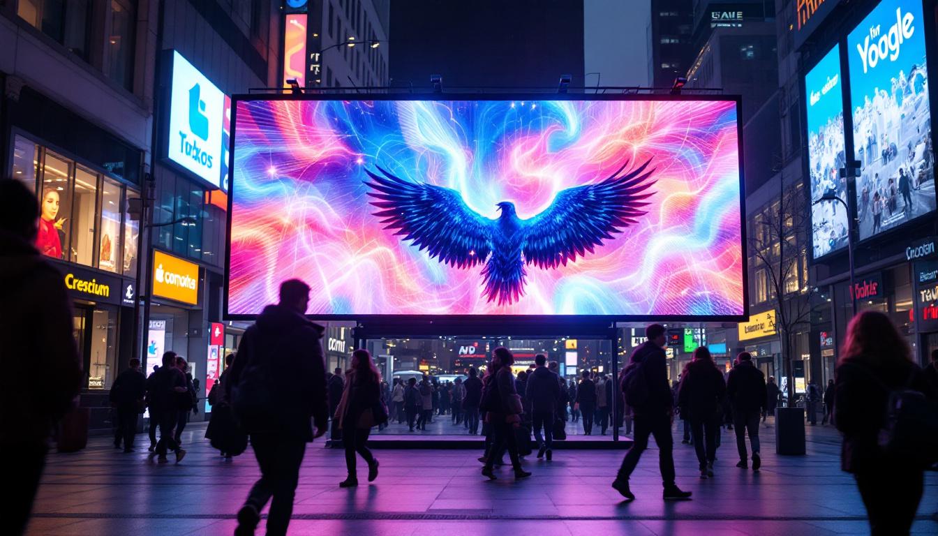 A photograph of capture a photograph of a vibrant double-sided led display in an urban setting