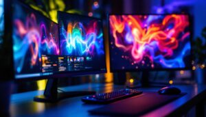A photograph of a computer setup featuring multiple led monitors displaying various vibrant images or graphics