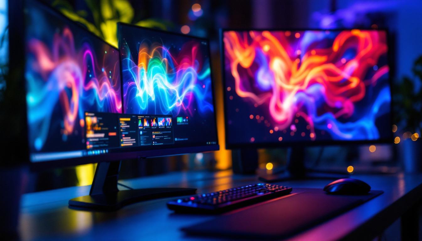 A photograph of a computer setup featuring multiple led monitors displaying various vibrant images or graphics