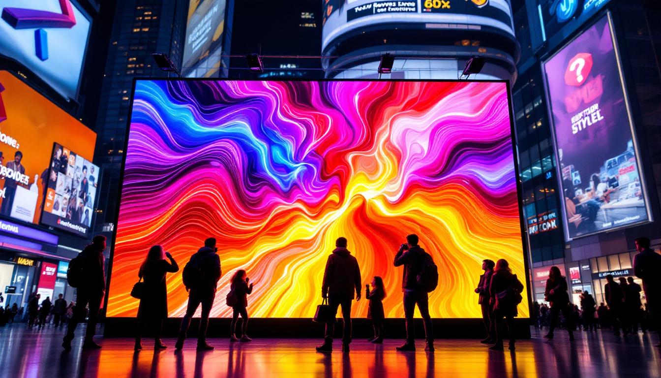 A photograph of a vibrant led screen in a dynamic urban setting