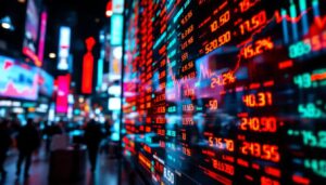 A photograph of a vibrant led stock ticker display in a bustling financial district