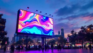 A photograph of a vibrant and dynamic led billboard in an urban setting at dusk
