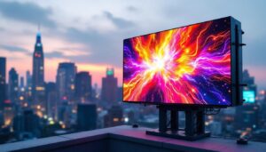 A photograph of a vibrant mini jumbotron led display mounted on a rooftop