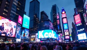 A photograph of capture a photograph of the vibrant times square at dusk
