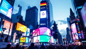 A photograph of capture a photograph of a vibrant times square scene at dusk