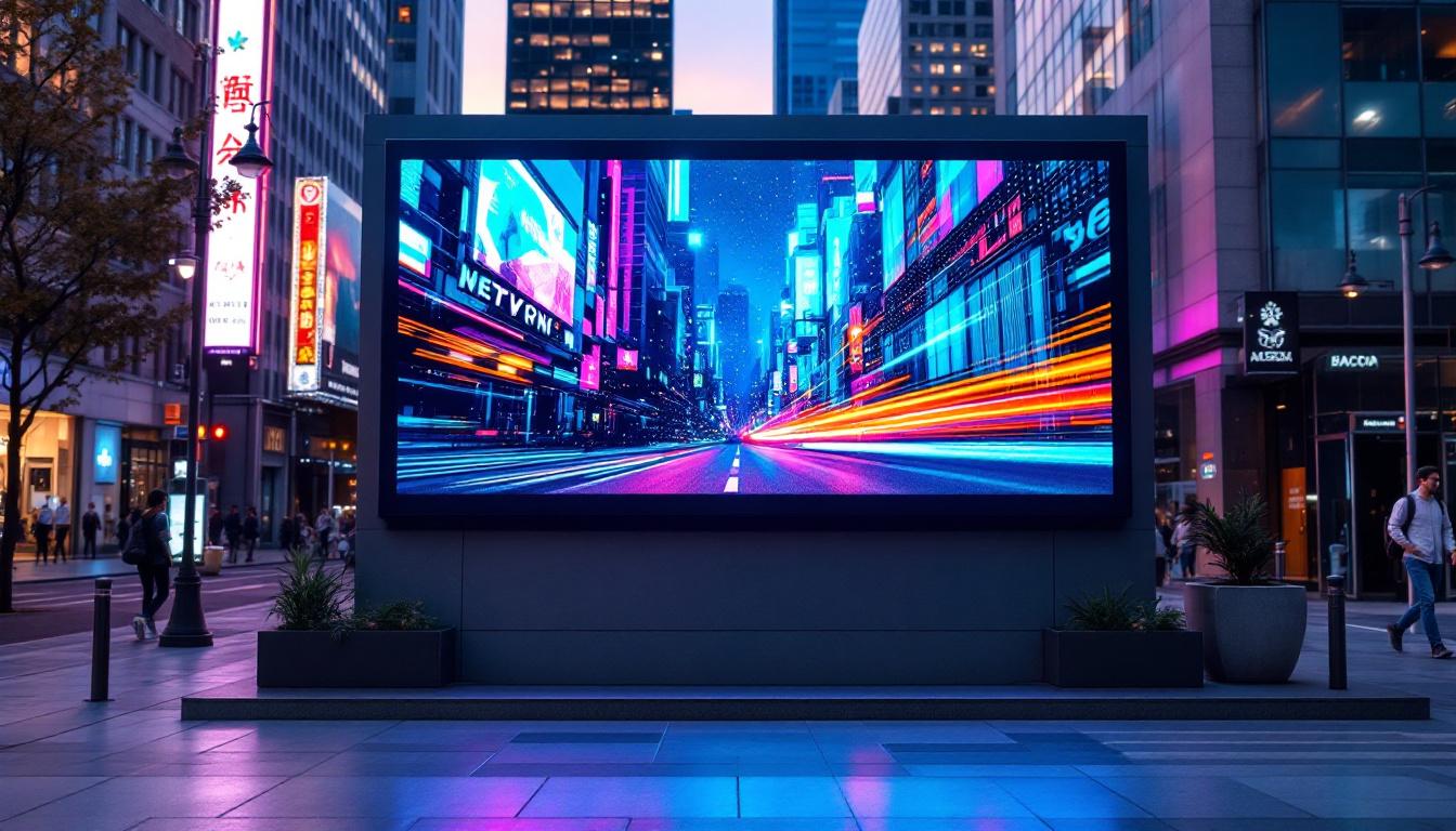 A photograph of a vibrant electronic billboard displaying dynamic led graphics in an urban setting