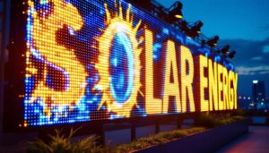 A photograph of a vibrant led display showcasing solar energy themes