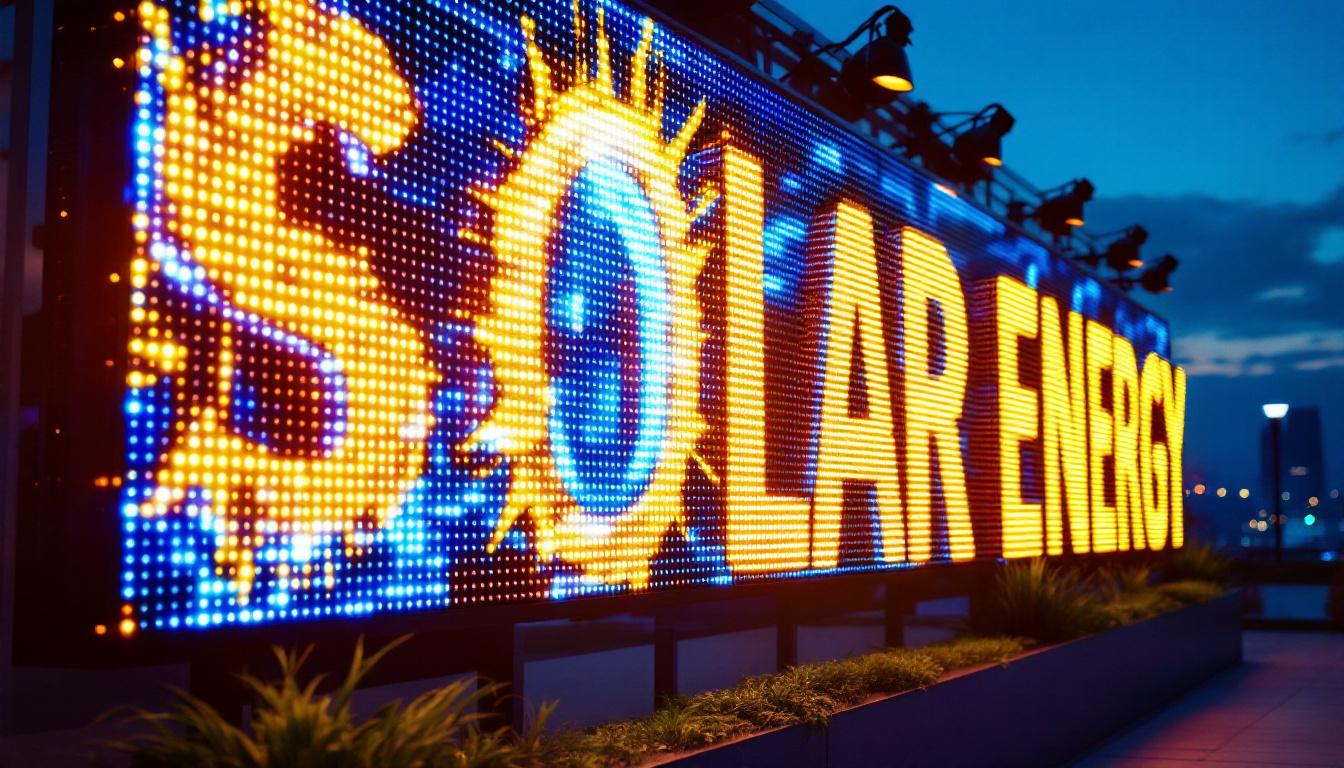 A photograph of a vibrant led display showcasing solar energy themes