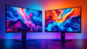 A photograph of a side-by-side comparison of an lcd monitor and an led monitor