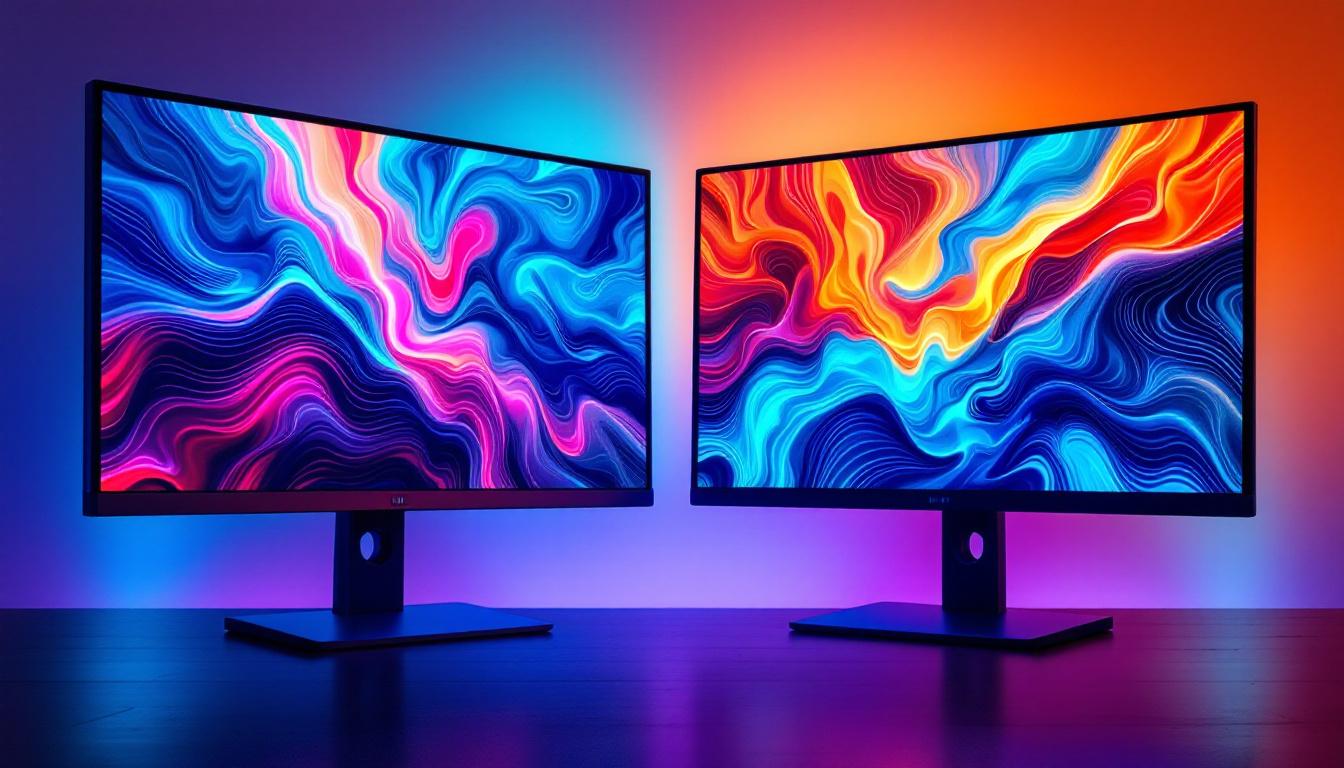 A photograph of a side-by-side comparison of an lcd monitor and an led monitor