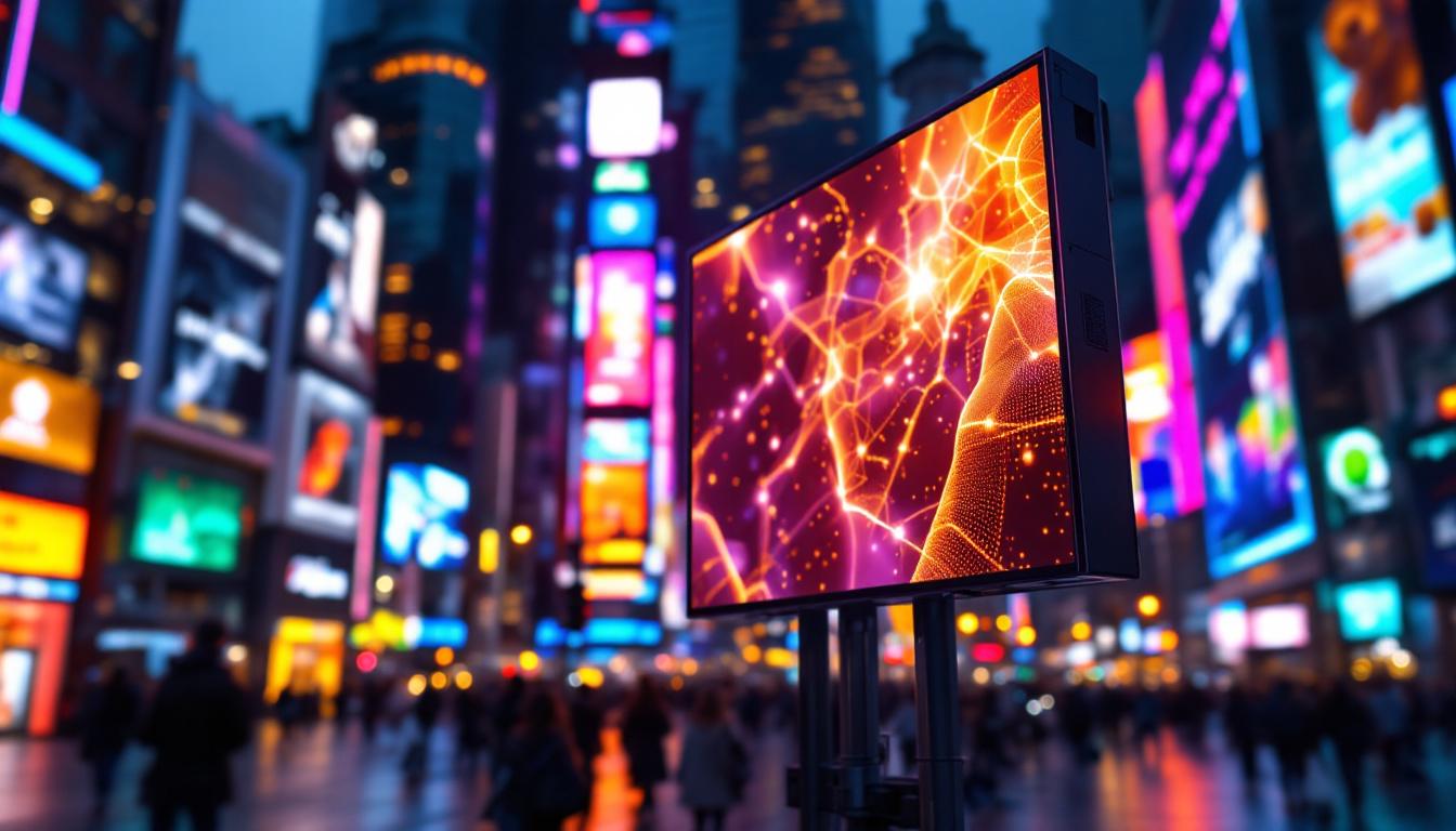 A photograph of a vibrant led display in a bustling urban setting