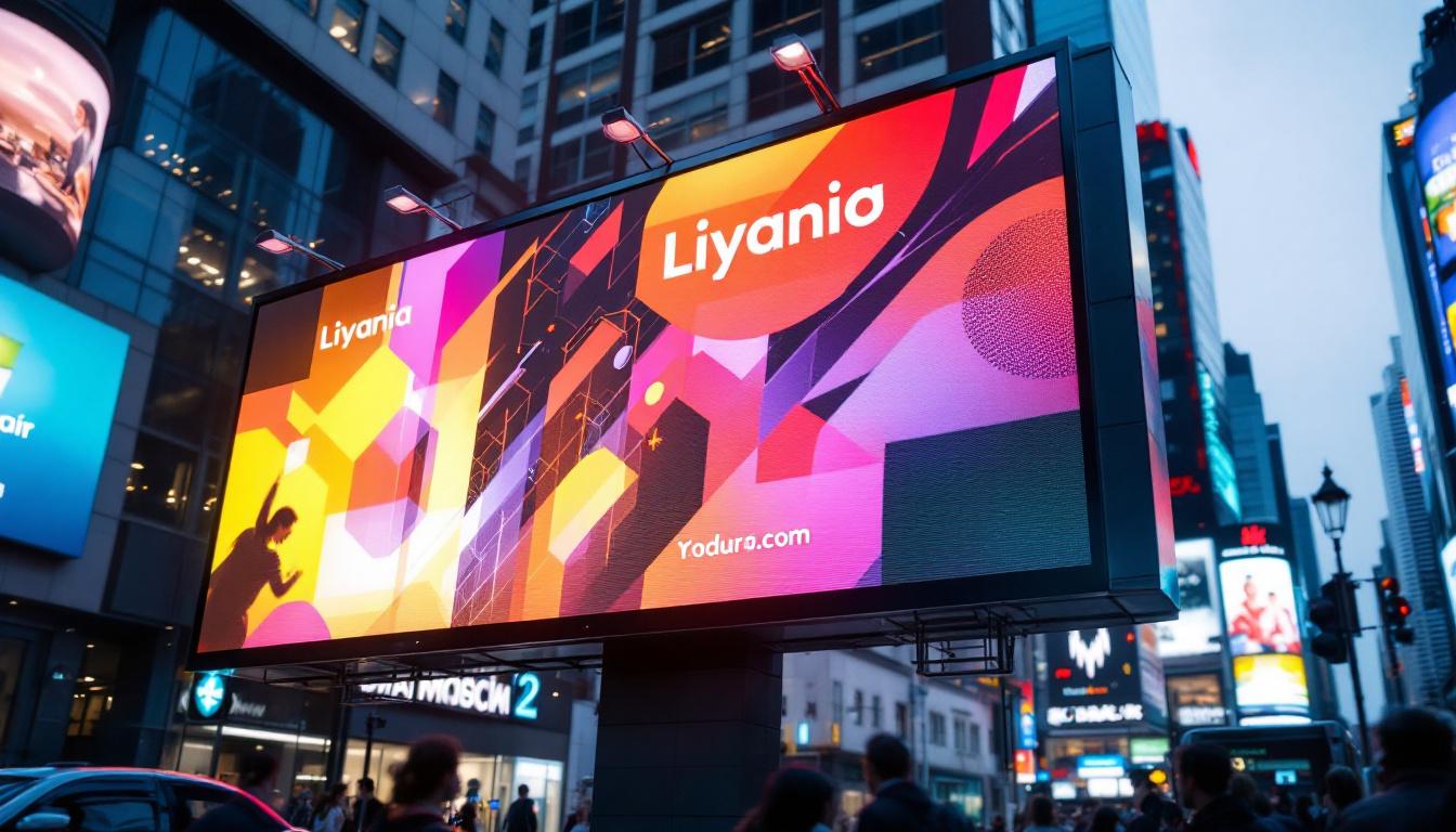 A photograph of capture a photograph of a vibrant outdoor digital billboard displaying dynamic advertisements in a bustling urban environment