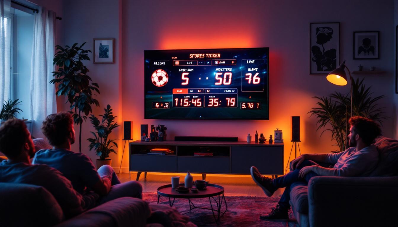 A photograph of a vibrant led sports score ticker displaying live game scores and highlights in a cozy home setting