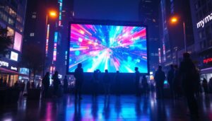 A photograph of a vibrant led display in an urban setting at night