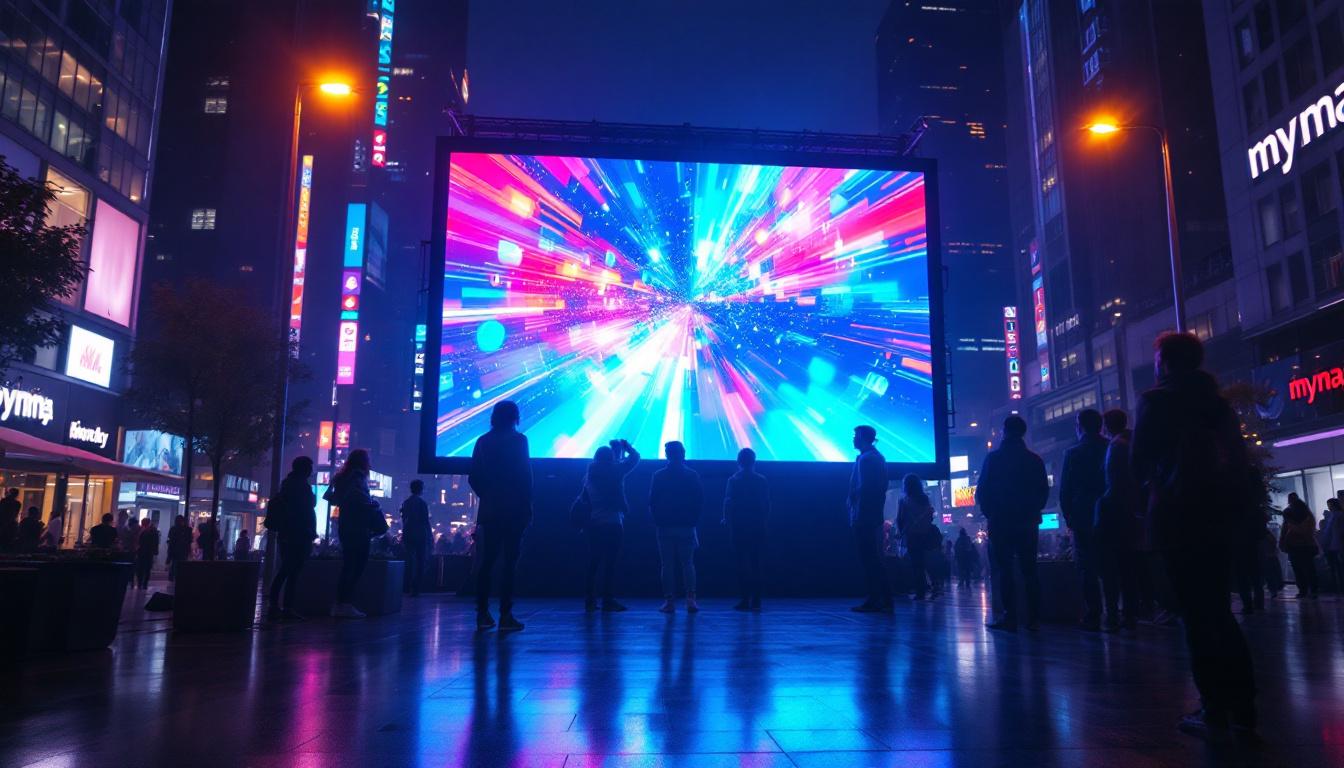 A photograph of a vibrant led display in an urban setting at night