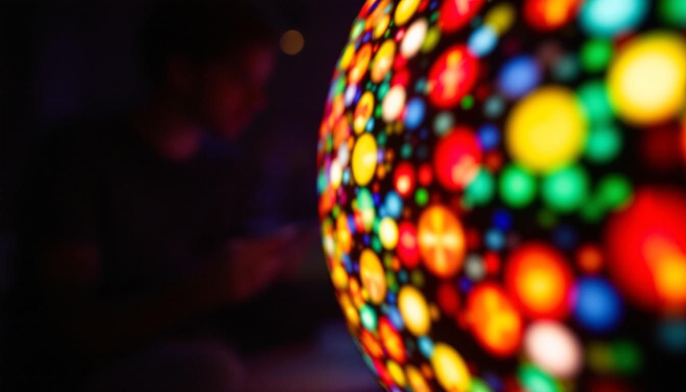 A photograph of capture a photograph of a vibrant luminatii sphere led display in a darkened environment