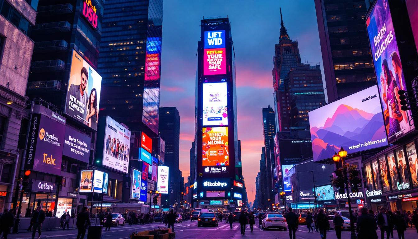 A photograph of capture a photograph of a vibrant led billboard in new york city at dusk